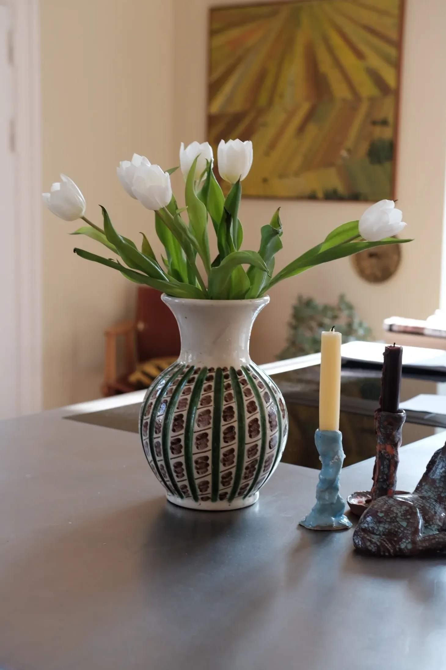 Vintage • Vase • Keramisk • Grønne striber